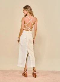 Vestido Longo Linho Com Decote Dobrado Estampado - Open