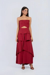 Vestido Midi Ombro a Ombro Mangas Bufantes Camadas - Fernanda Nabhan