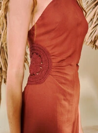 Vestido Longo Em Linho Com Detalhe Em Crochê - Open