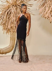 Vestido Curto Canelado Com Franjas - Open