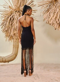 Vestido Curto Canelado Com Franjas - Open