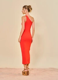 Vestido Midi Com Ombro Único Com Fenda Canelado - Open