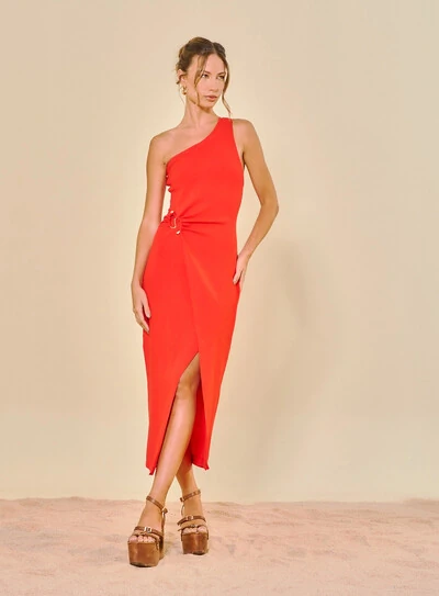 Foto Vestido Midi Com Ombro Único Com Fenda Canelado - Open