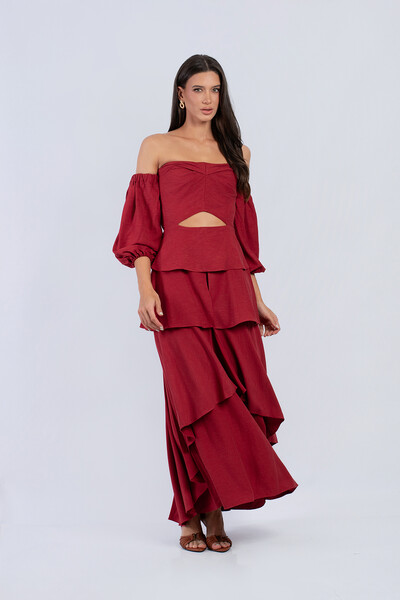 Foto Vestido Midi Ombro a Ombro Mangas Bufantes Camadas - Fernanda Nabhan