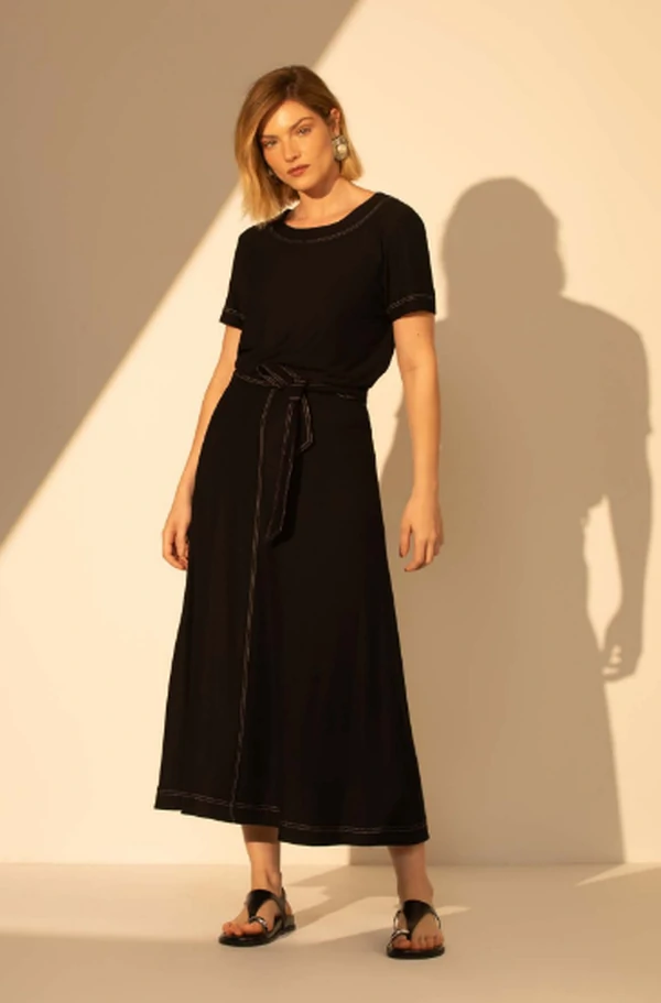Saia Midi Evasê Pespontos Faixa - Sly Wear