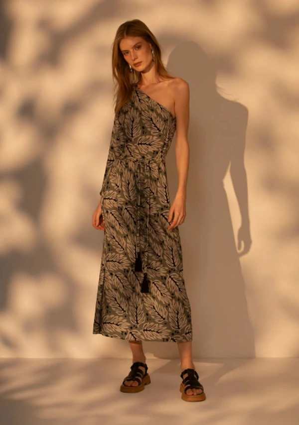 Vestido Midi Um Ombro Manga Longa Faixa Pompom - Sly Wear