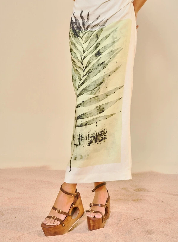 Vestido Longo Linho Com Decote Dobrado Estampado - Open