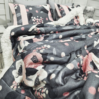 FotoCobertor Soft Reale Floral Grafite Com Duas Fronhas