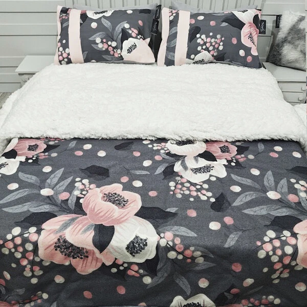 Cobertor Soft Reale Floral Grafite Com Duas Fronhas