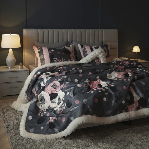 Cobertor Soft Reale Floral Grafite Com Duas Fronhas