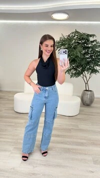 Calça Jeans Wide Leg Cargo