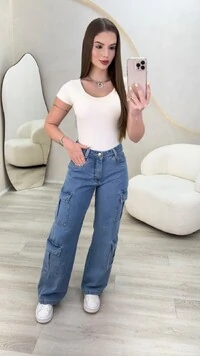 Calça Jeans Wide Leg Cargo
