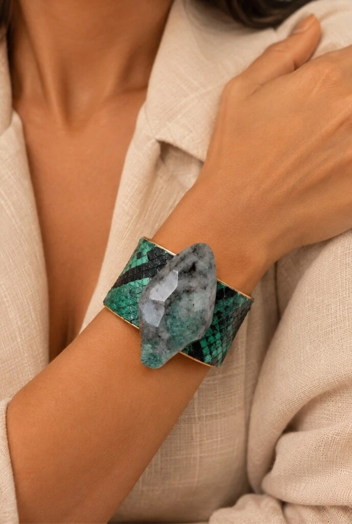 Foto Bracelete Couro Exótico em Banho Ouro