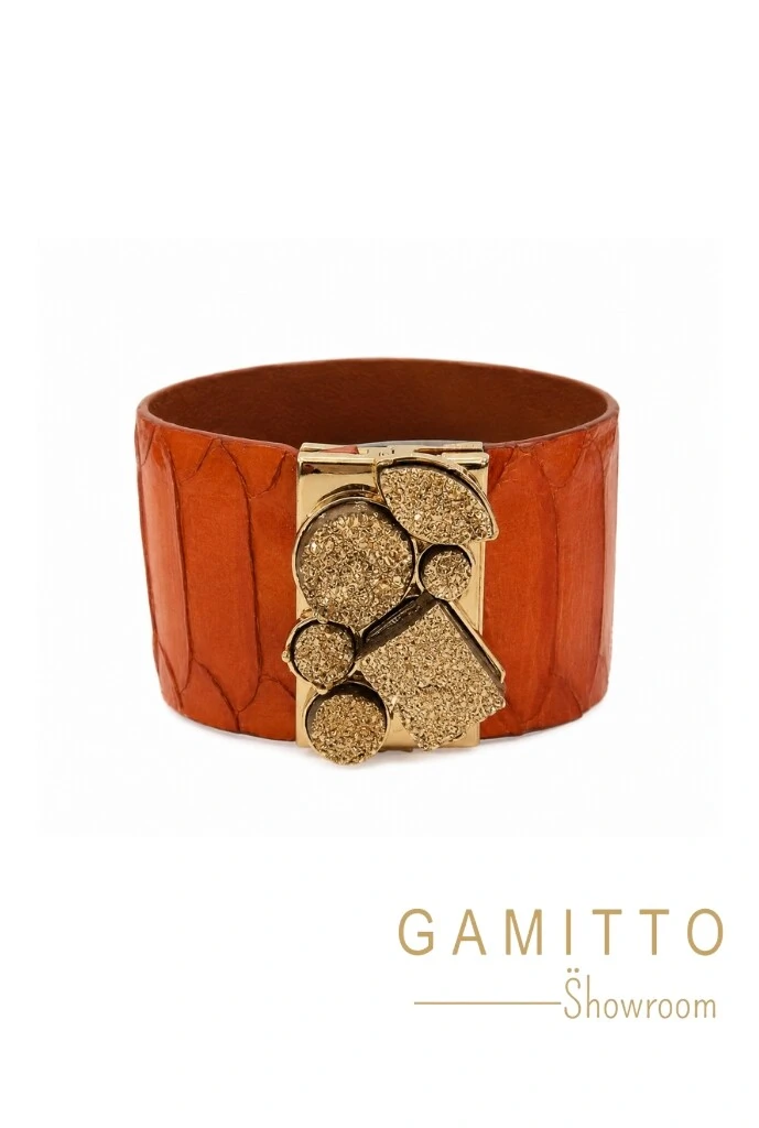 Foto Bracelete Couro Exótico e Drusa em Banho Ouro