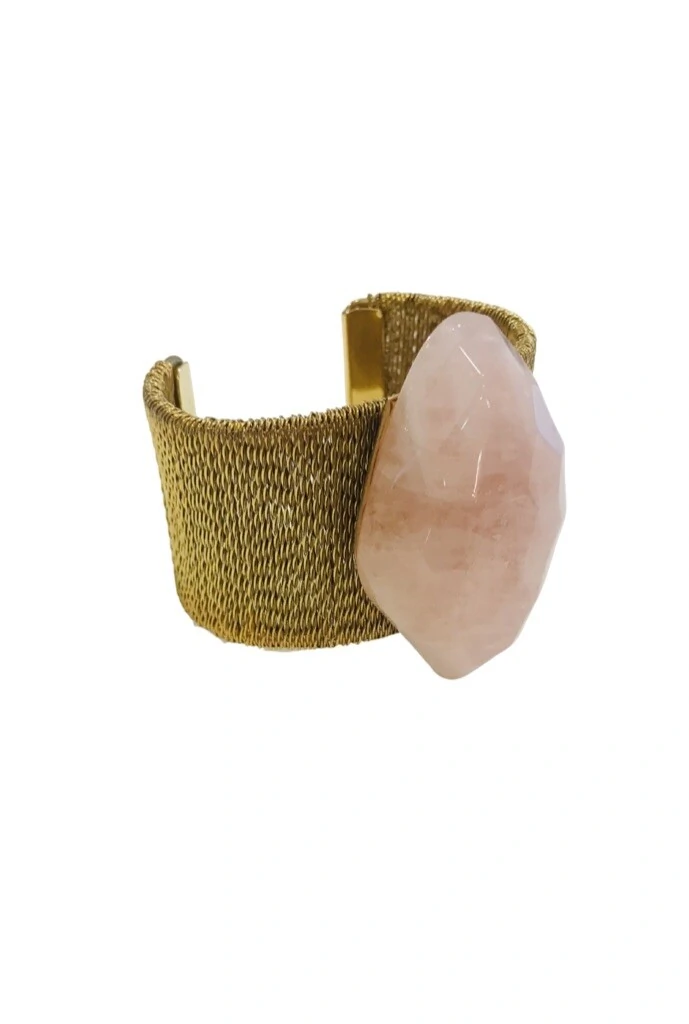 FotoBracelete Quartzo Rosa em Banho Ouro