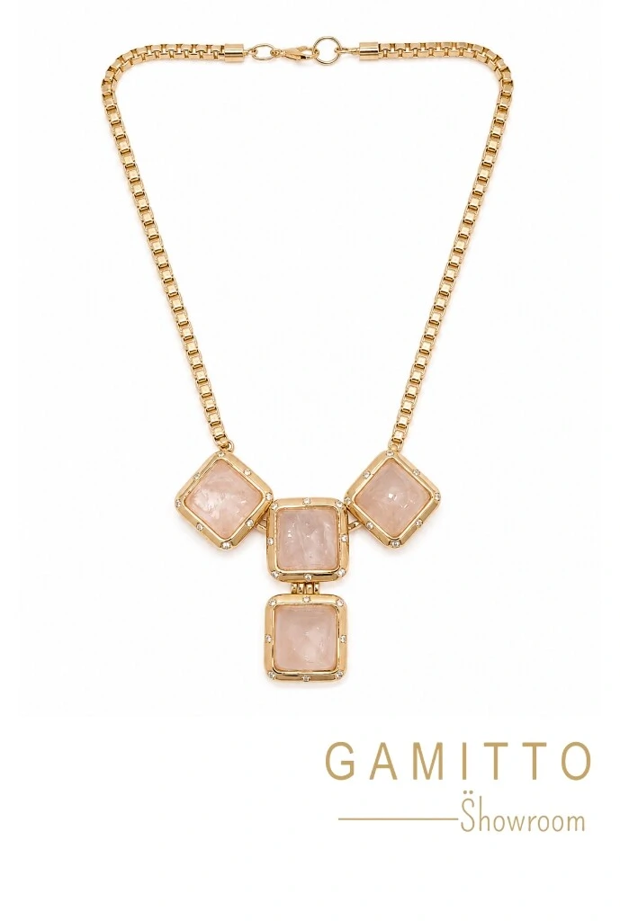 Foto Colar Quartzo Rosa em Banho Ouro