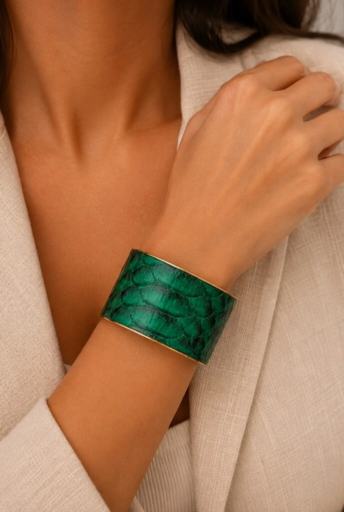 Foto Bracelete Couro Exótico em Banho Ouro