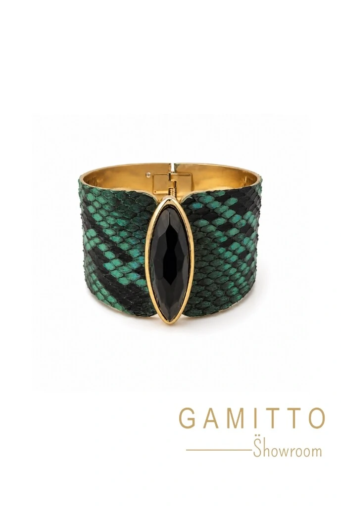 Foto Bracelete Couro Exótico em Banho Ouro