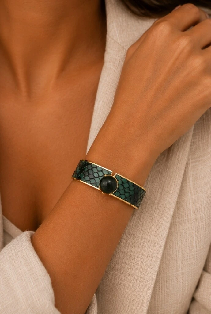 Foto Bracelete Couro Exótico em Banho Ouro