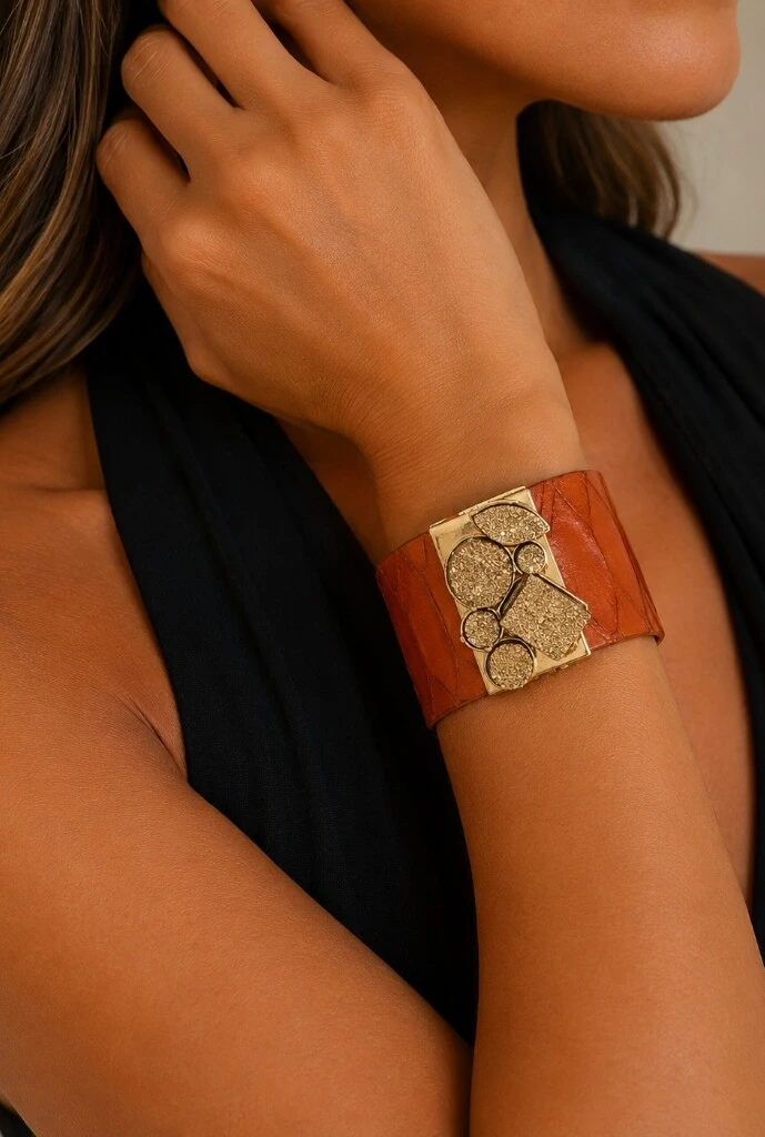 Foto Bracelete Couro Exótico e Drusa em Banho Ouro