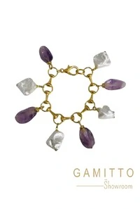 Pulseira Ametista e Pérolas em Banho Ouro
