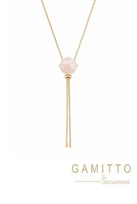 Colar Gravata Quartzo Rosa em Banho Ouro