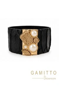 Bracelete Drusa e Couro em Banho Ouro