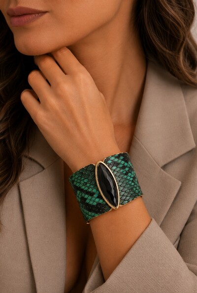 Foto Bracelete Couro Exótico em Banho Ouro