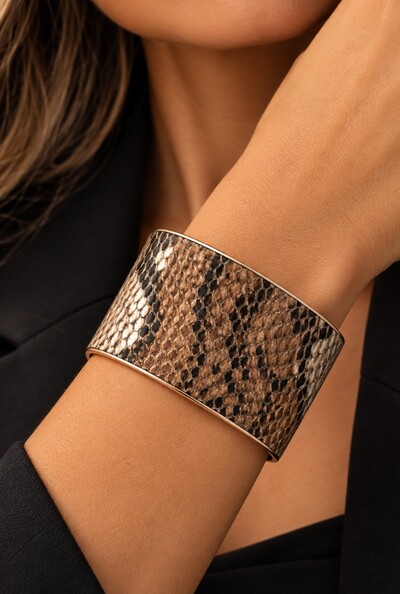 Foto Bracelete Couro Exótico em Banho Ouro