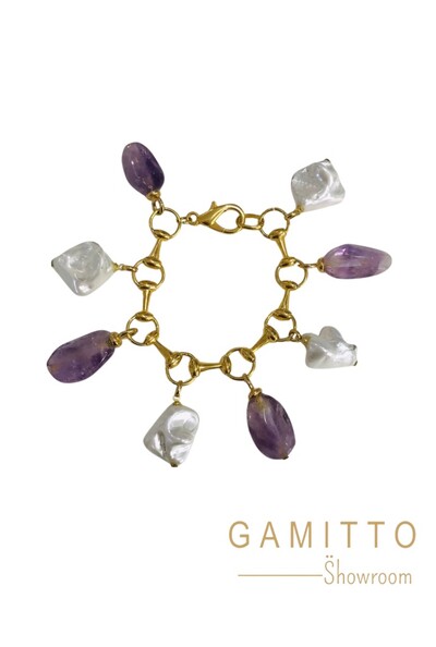 Foto Pulseira Ametista e Pérolas em Banho Ouro