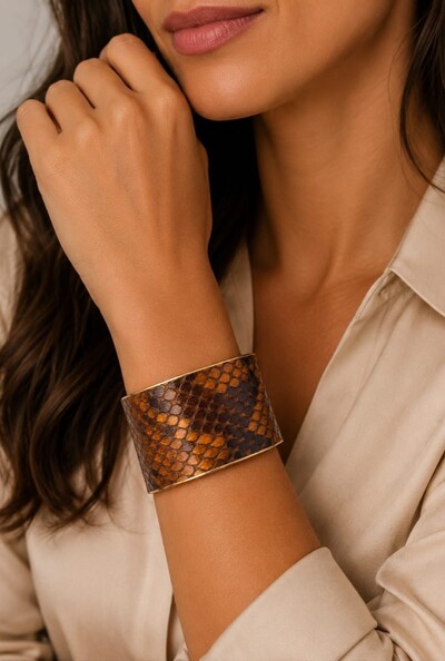 Foto Bracelete Couro Exótico em Banho Ouro