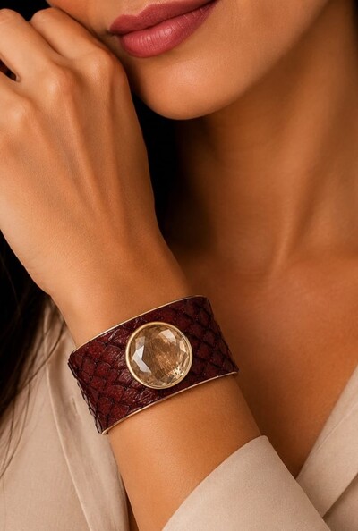 Foto Bracelete Couro Exótico em Banho Ouro
