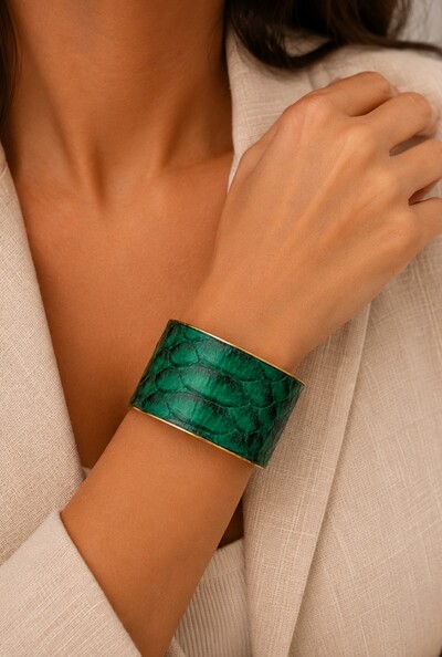 Foto Bracelete Couro Exótico em Banho Ouro
