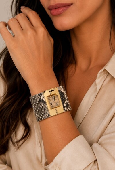 Foto Bracelete Couro Exótico em Banho Ouro