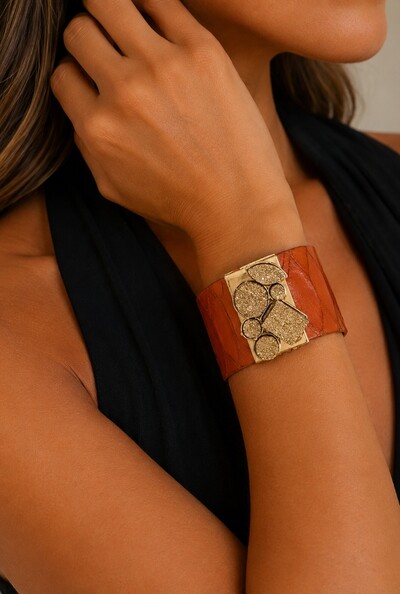 Foto Bracelete Couro Exótico e Drusa em Banho Ouro
