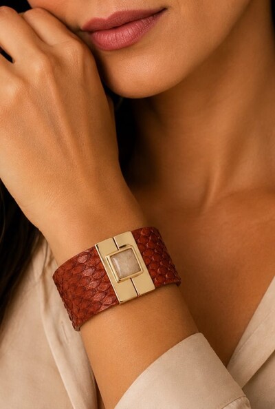 Foto Bracelete Couro Exótico em Banho Ouro