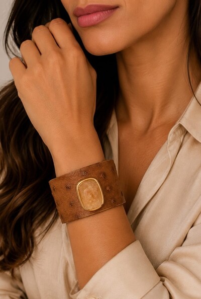 Foto Bracelete Couro Exótico em Banho Ouro