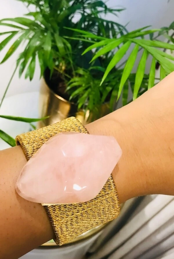 Bracelete Quartzo Rosa em Banho Ouro