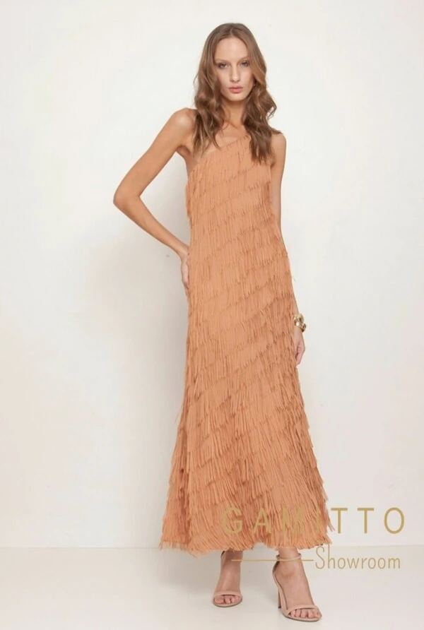 Vestido Longo Unilateral com Franjas