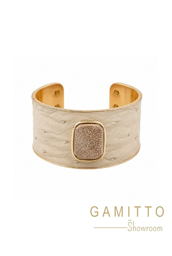 Bracelete Couro Exótico em Banho Ouro