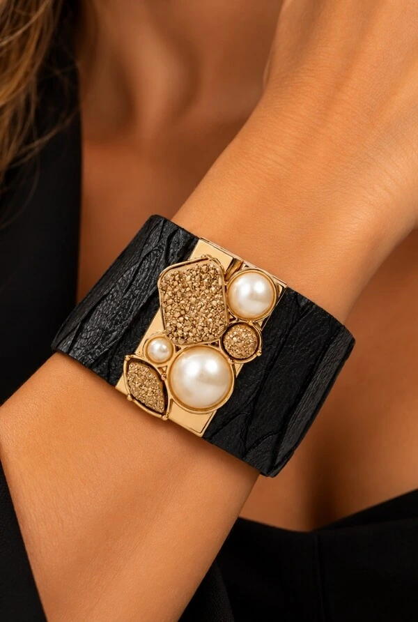 Bracelete Drusa e Couro em Banho Ouro
