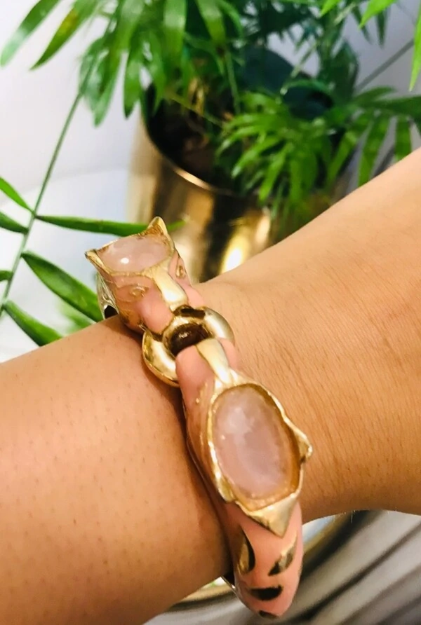 Bracelete Quartzo Rosa em Banho Ouro