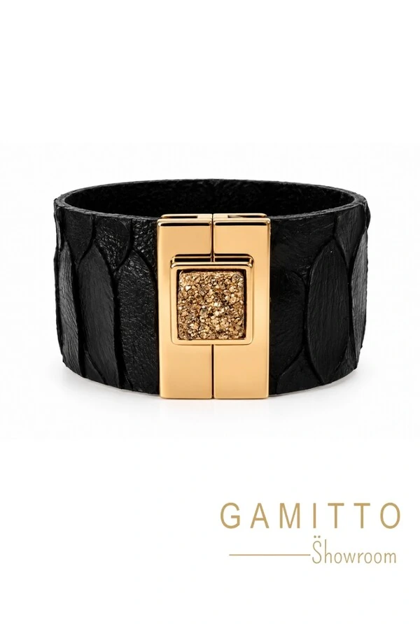 Bracelete Couro com Drusa em Banho Ouro
