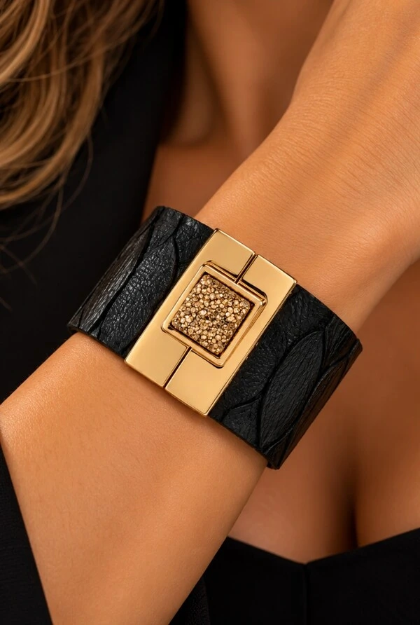 Bracelete Couro com Drusa em Banho Ouro