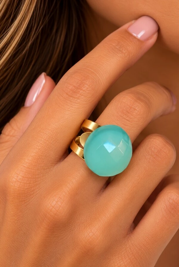 Anel Quartzo Azul em Banho Ouro