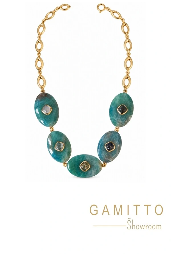 Colar Quartzo Azul em Banho Ouro