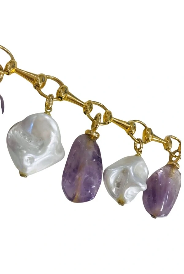 Pulseira Ametista e Pérolas em Banho Ouro