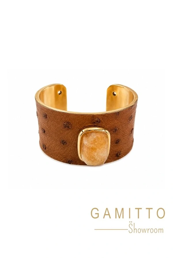 Bracelete Couro Exótico em Banho Ouro