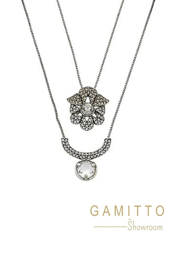 Kit Colar Cristais em Banho Prata Vintage