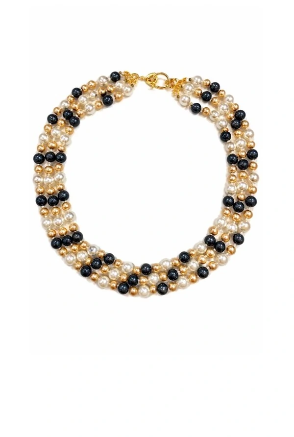 Colar Pérolas Três Voltas em Banho Ouro